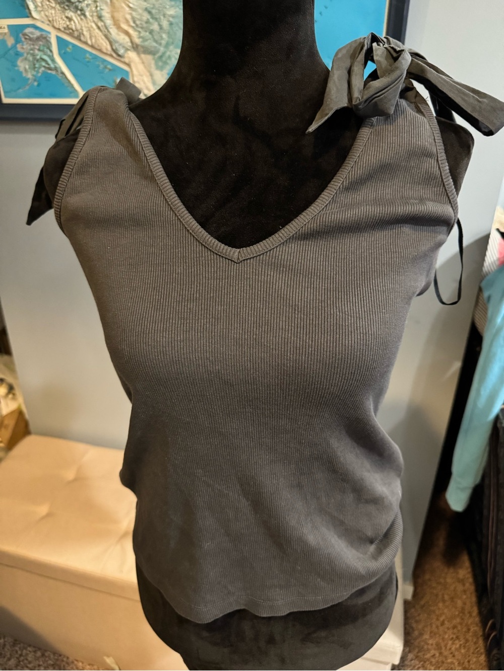 Maeve Charcoal Tie-Shoulder Ribbed V-Neck Tank